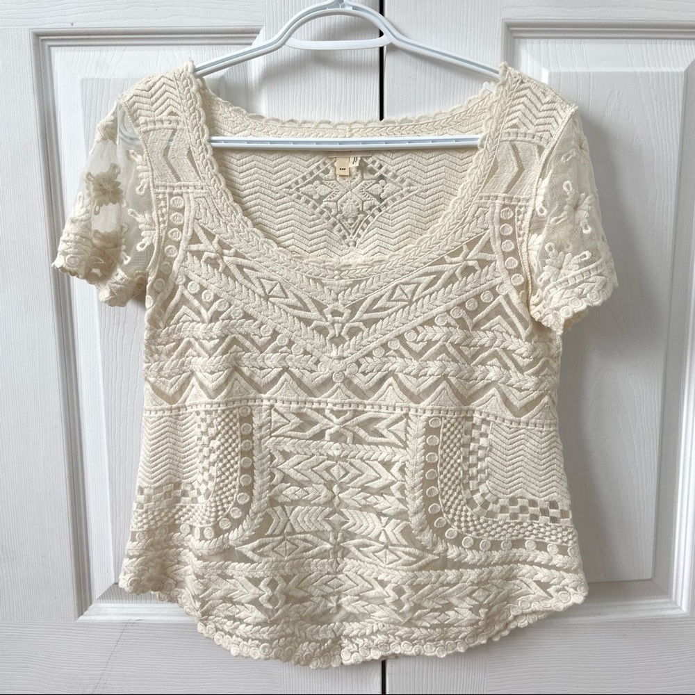 Anthropologie cream lace embroidered top
